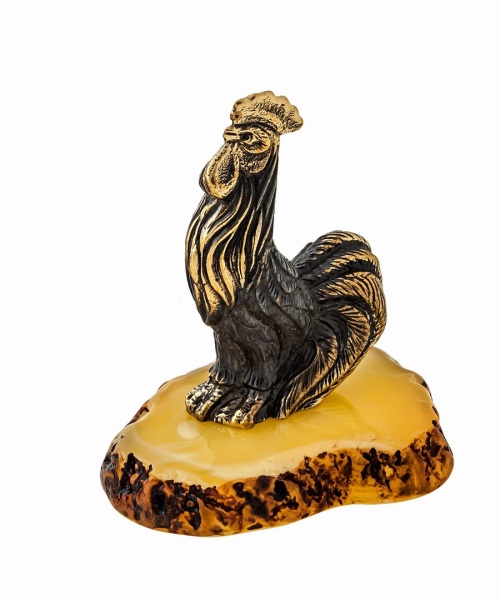 Фигурка из латуни с янтарем Птица Петушок золотой гребешок 40х45 мм. арт. 1192